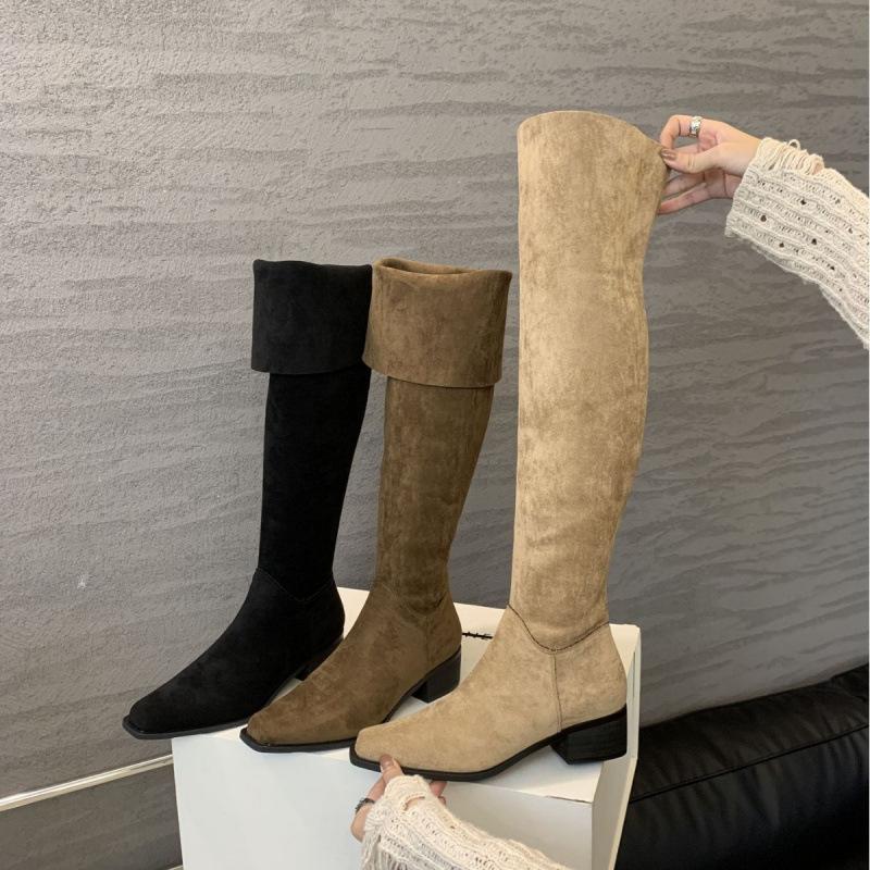 Two-wear foldable stacking boots~ square head thick heel French black knee boots women's boots 2025 new models