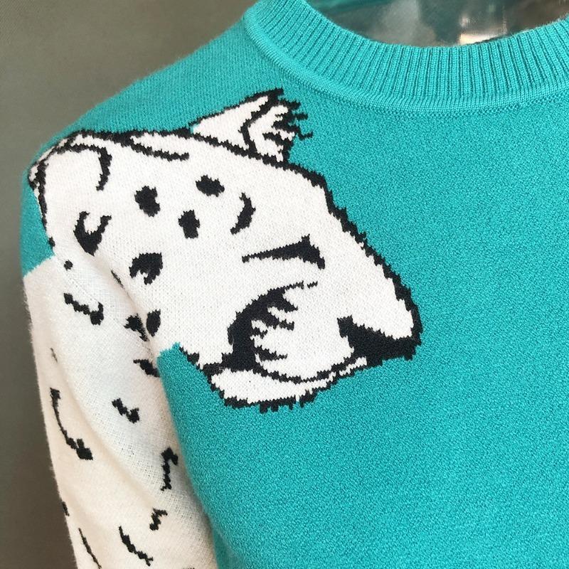 Podzimní a zimní dámský leopardí vzor pletený svetr s dlouhým rukávem vlněný svetr