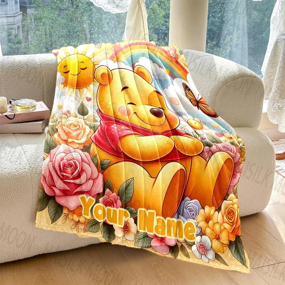 (Memo U Name)1PC Personalized Custom Name Blanket Winnie the Pooh Printed for Sofa Bed Travel Camping Cover Blankets for Gifts