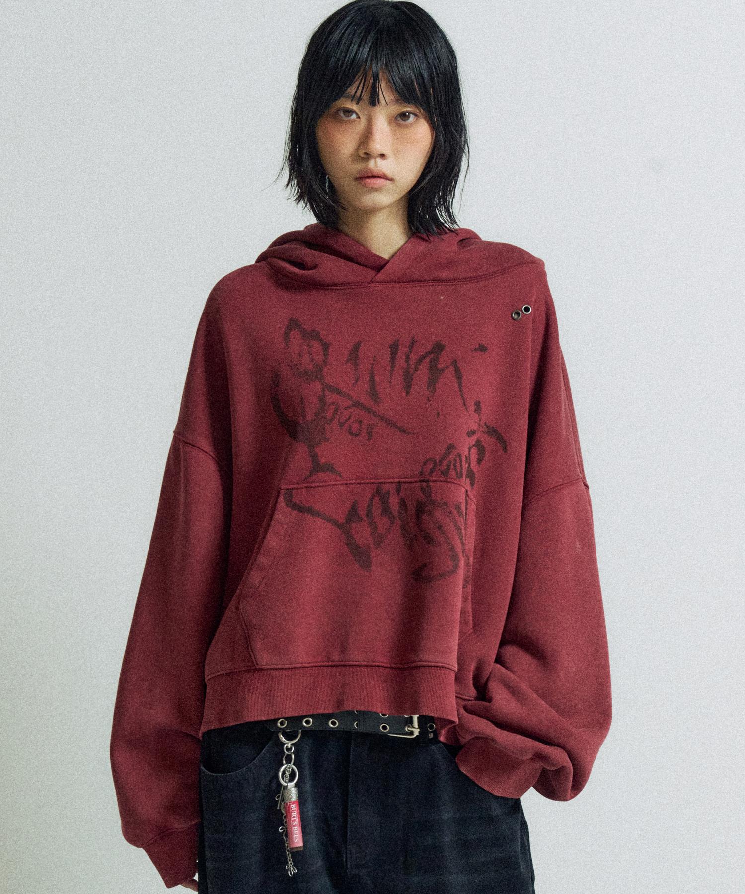 Slow Acid Studded Washed Wide Hoodie [Burgundy] Burgundy/M