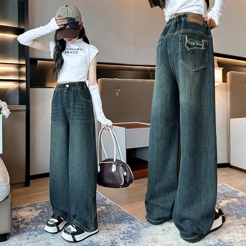 

Girls Loose Embroidered Wide-Leg Winter Jeans with Frayed Edges and Back Pocket Lettering 150 cm