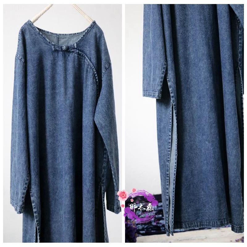 

Жіночі джинсові вінтажні сукні-пуловери Johnature з круглим вирізом і довгими рукавами, осіннє китайське жіноче плаття трапеції One Size синій