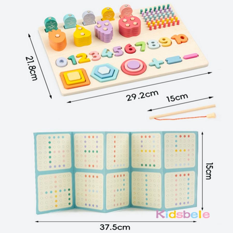 Montessori Wooden Shape Number Matching Building Block Toys 5 In 1 Color Fruit Cognition Fishing Toy Fine Motor Skill Board Game
