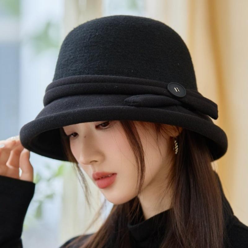 Nuovo cappello autunno e inverno femminilità fiocco cappello a secchiello in lana elegante 100 caldo cappello a bacinella moda