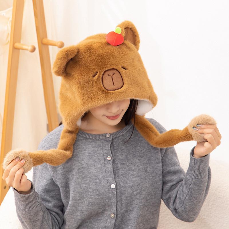 Capybara Hat Plush Movable Ears Winter Warm Cartoon Animal Hats Decorations