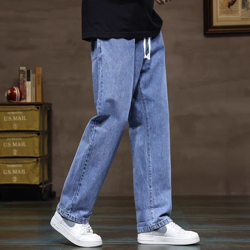 

Осенне-зимняя мода Эластичная талия Кулиска Однотонные джинсы Мужская одежда Американский стиль Повседневные Универсальные Карман Прямые брюки 2XL синий