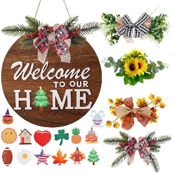 Interchangeable Welcome Sign for Front Door with 4 Seasonal Wreaths and 14 Changeable Icons, Farmhouse Front Door Signs, Door Decoration Porch Decor,