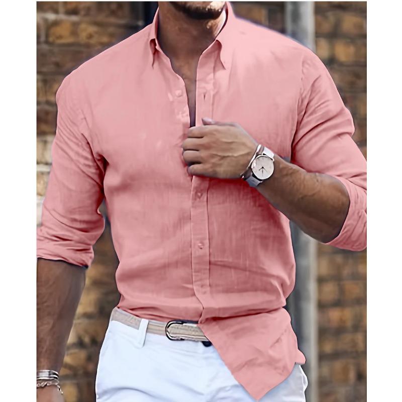 New Cotton and Linen New Men's Long-sleeved Shirt Solid Color Lapel Casual Style Shirt
