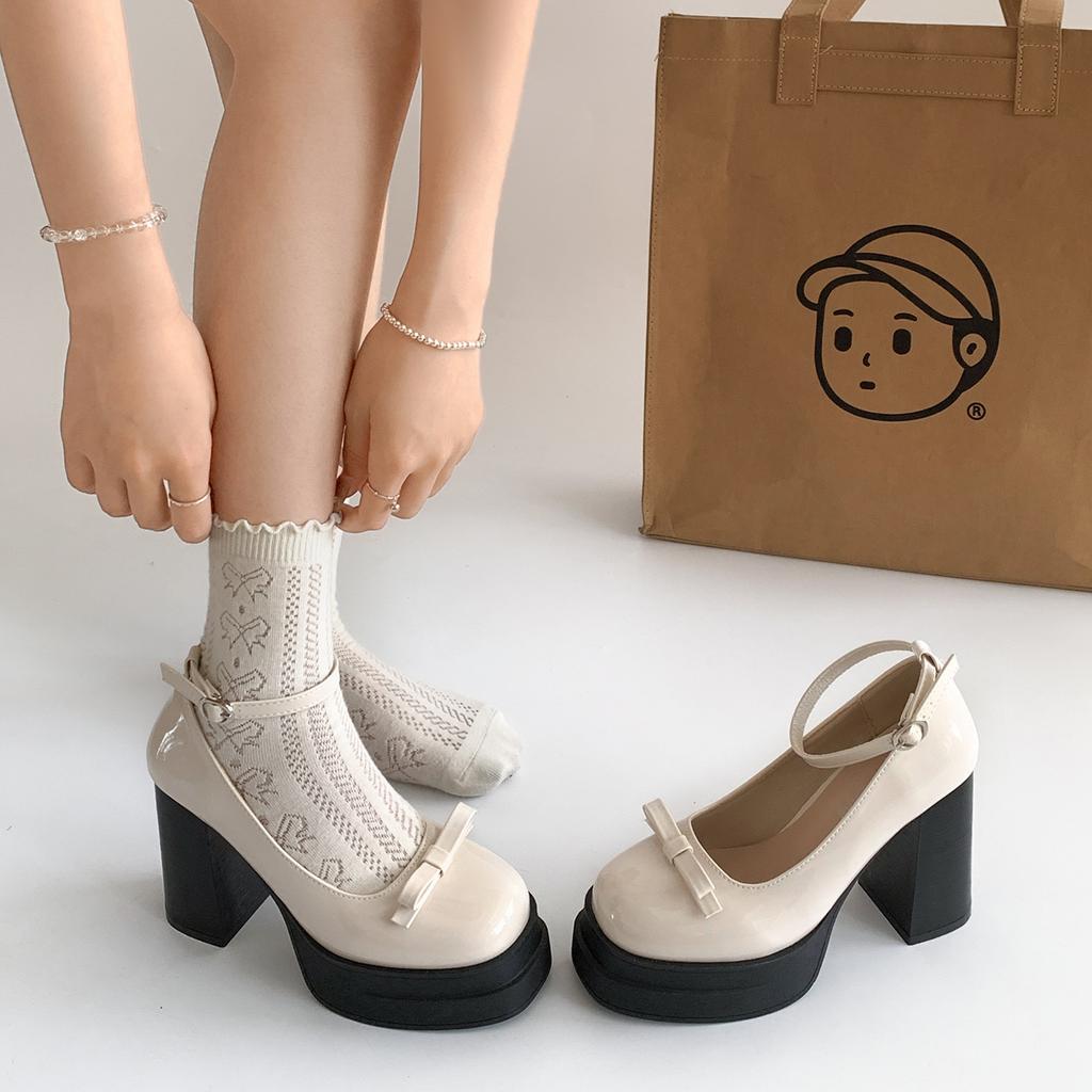 White French Retro Thick Heel High Heels Women's 2025 New Summer with Skirt Bow Mary Jane Single Shoes