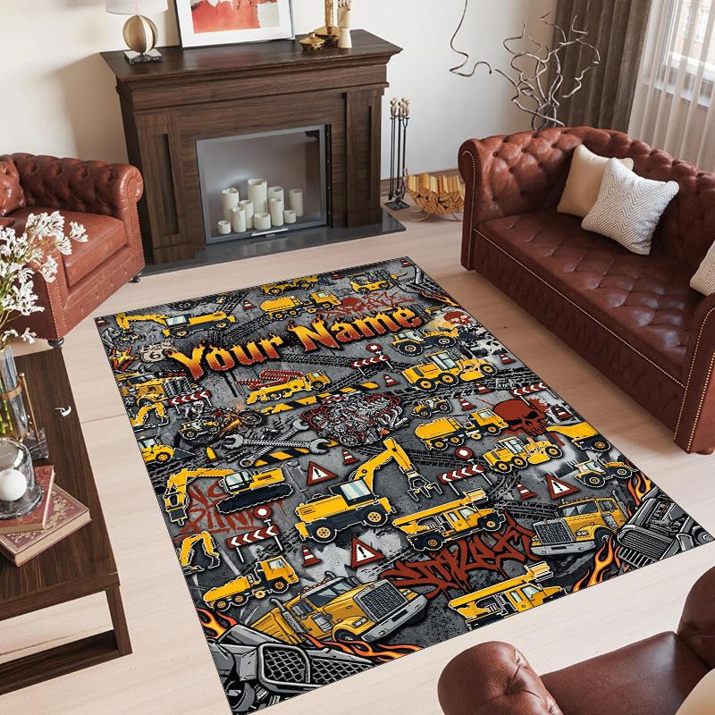 Construction Vehicles Theme Crystal Velvet Rug Personalized Custom Name Text Soft Floor Mat Home Decor