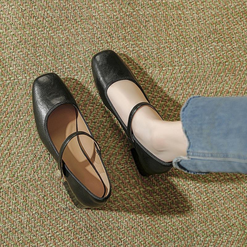 French Leather Versatile Mary Jane Shoes Women's 2025 Spring and Autumn New Retro One-word with Thick Heel Single Shoes Sheepskin Version~
