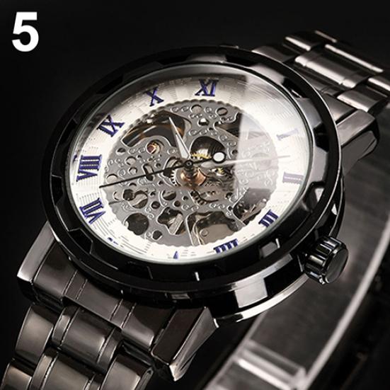 Men Skeleton Roman Numerals Hollow Dial Stainless Steel Band Mechanical Watch
