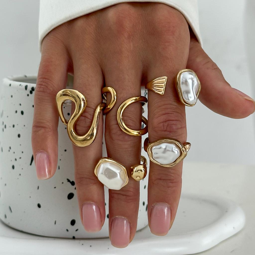 SHIXIN Baroque Imitation Pearl Adjustable Open Rings Set for Women Elegant Geometric Gold Color Knuckle Ring Luxury Jewelry Gift