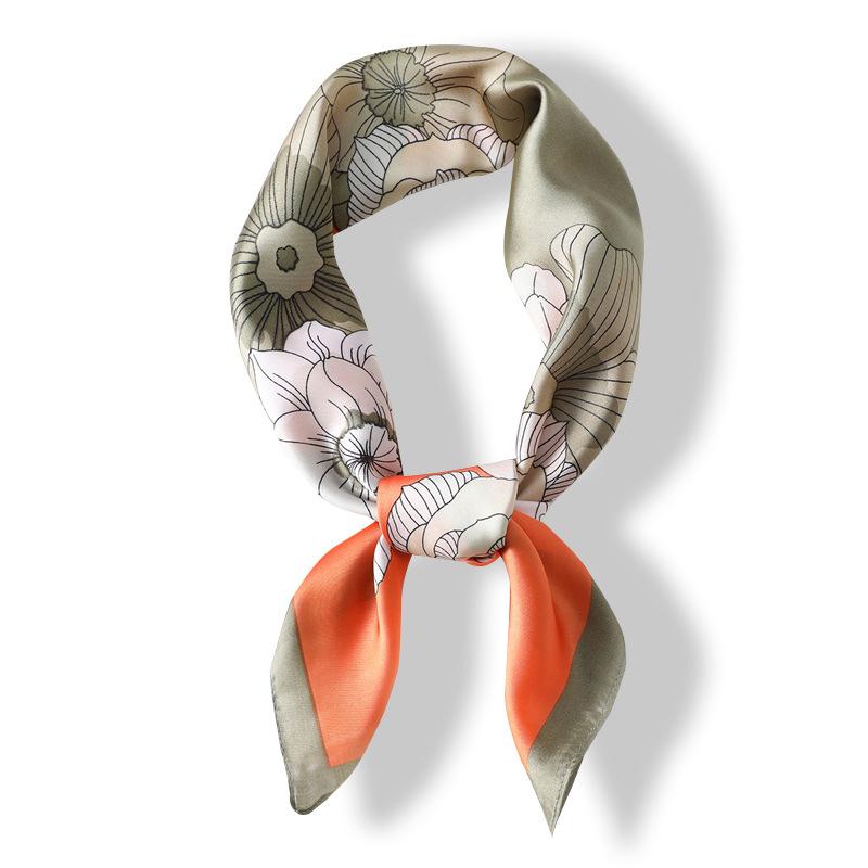 Silk Scarf Small Square Scarf Women's Flower Pattern Versatile Spring and Autumn Thin Imitation Silk Scarf Flight Attendant Scarf Professional Small S