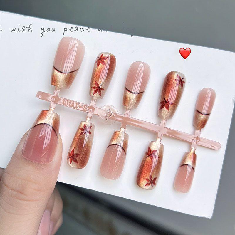 10 Pcs Brown Maple Leaf Square Press On Nails Reusable Full Cover Fake Nail Tips Simple Art Design