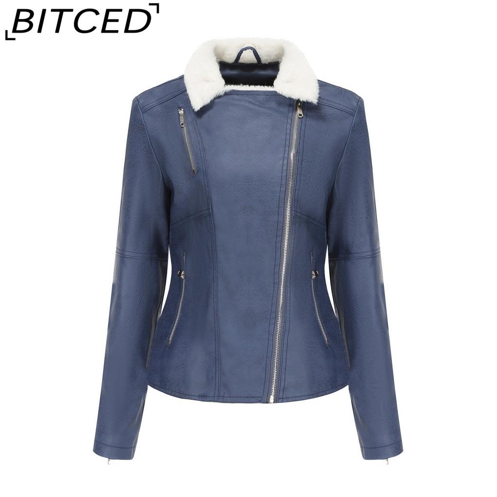 BITCED Autumn/Winter Faux Fur-Lined Leather Jacket for Women with Fleece Lining, Long Sleeves, Warm Coat, Casual Style