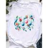White Floral Music T-shirt| Casual Summer Style, Printed Design, Crew Neck, Slightly Stretchy Fabric