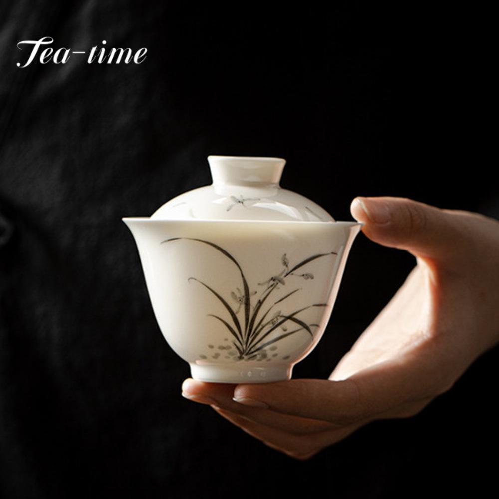 140ml Unterglasur Handbemalt Orchidee Teeterrine Einzelbecher Keramik Einfache Teetassen Weißes Porzellan Deckel Schale Kung Fu Teeset