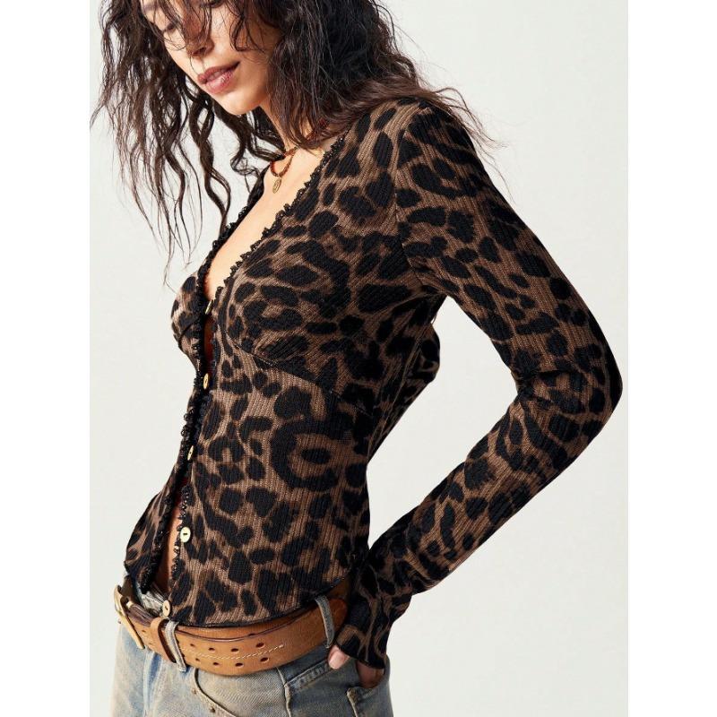V Neck Leopard Print Long Sleeve Slim Fit Button Cardigan
