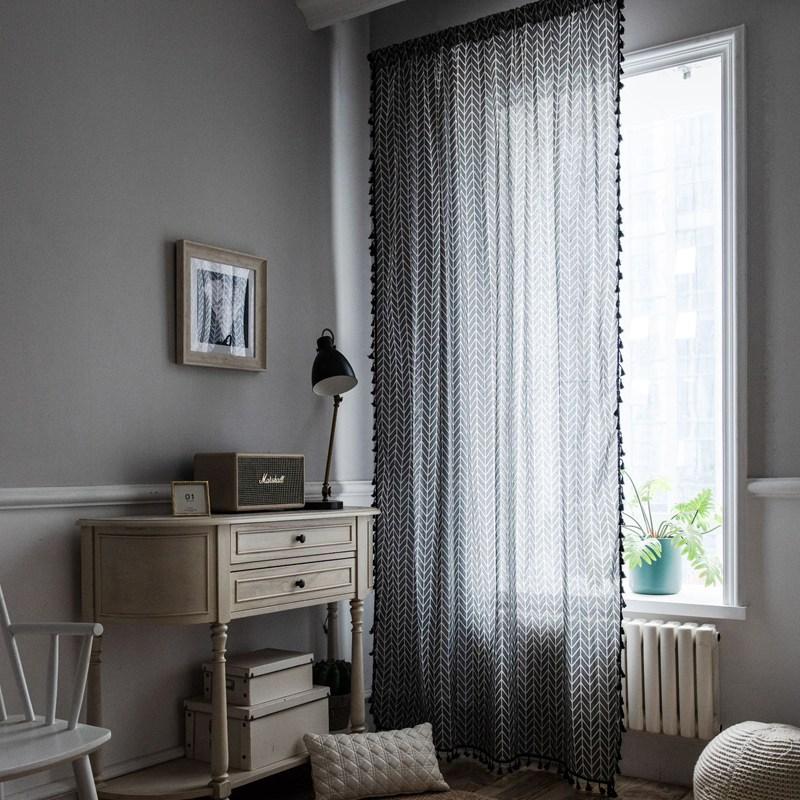 Grey Geometric Tassel American Style Small Window Kitchen Valance Cotton Hemp Semi-shading Bay Window Living Room Bedroom Drapes