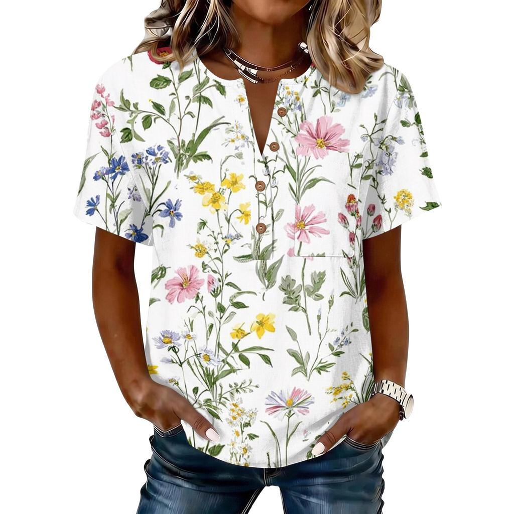 Camicetta da Donna Casual con Stampa Floreale, Collo Henley con Bottoni, Manica Corta, Cotone e Lino, Vestibilità Larga, Top Leggero