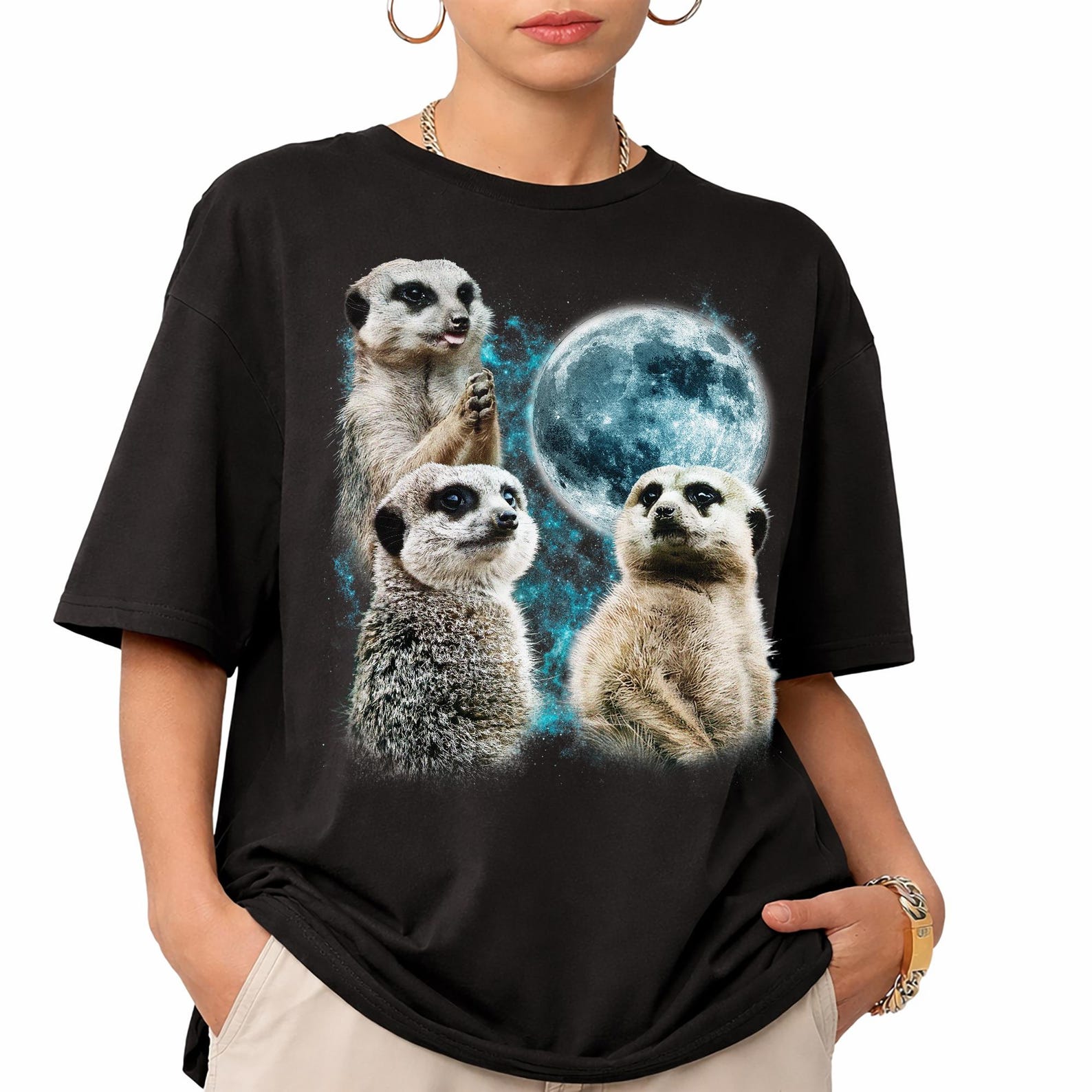 Three Meerkats Moon Graphic Tee, Retro Animal Lover Shirt XL