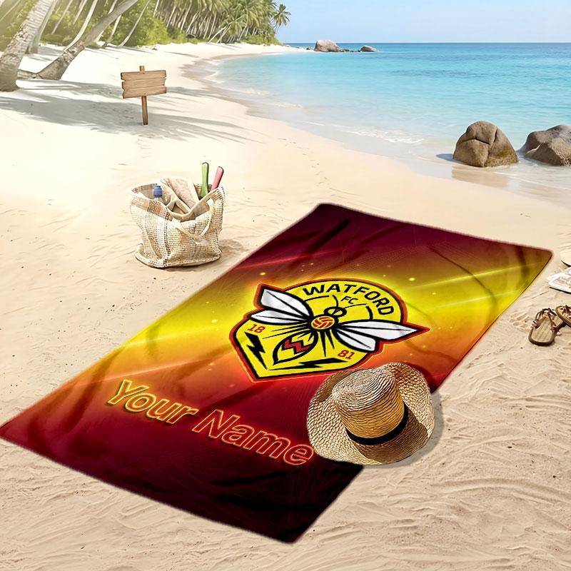 Watford FC Personalized Printed Beach Towel Soccer Logo Support Custom Name Text Absorbent Towel For Sport Travel Special Gift