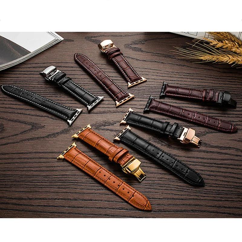Leather Watchbands for Apple Watch Series 7 45mm 41mm Watch Band for Iwatch 6 5 4 SE 44mm 40mm 42mm 38mm Strap Butterfly Buckle