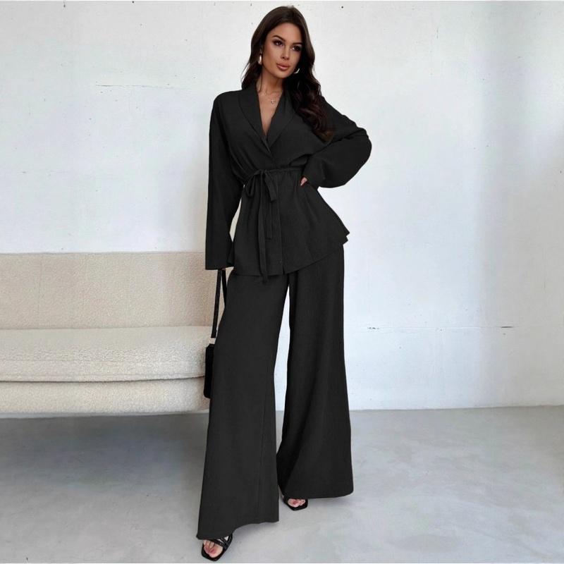 Damen 2-teiliges passendes Set Langarm-Oberteil mit Gürtel Weitbeinige Hose Business Casual Set Outfit