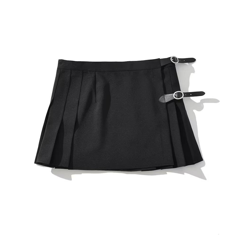 

Весна 2025 Женская приталенная плиссированная юбка с высокой посадкой и двойной пряжкой на ремне S чёрный