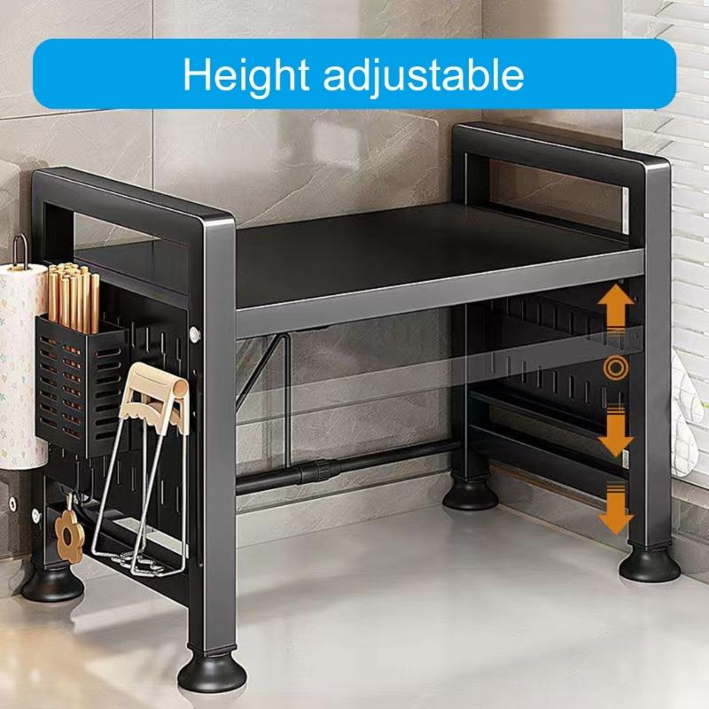 Adjustable Microwave Oven Rack with Hanging Hooks Sturdy Kitchen Counter Storage Portable Carbon Steel Storage Rack