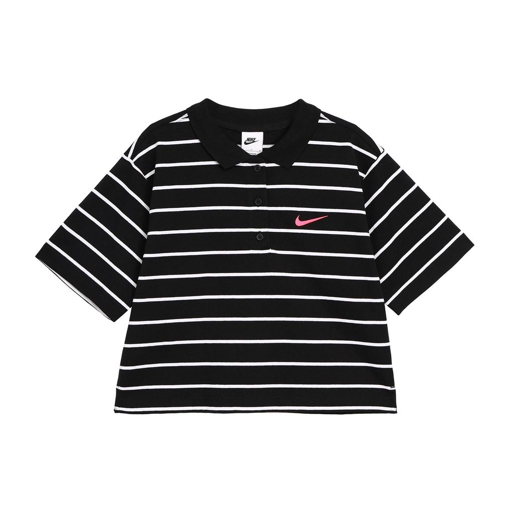 Nike Sportswear Small Logo Embroidered Color Block Striped Comfortable Casual Short Sleeve Polo Shirt Women Polo Shirts Black HM4649-010