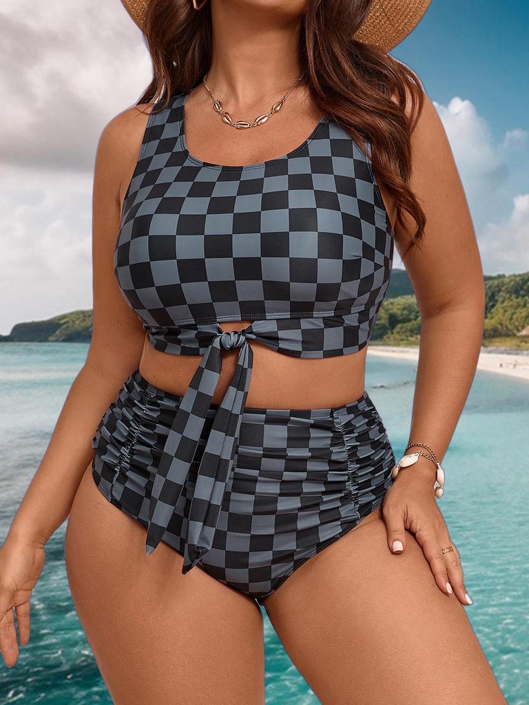 2026 European & American Plus Size Sexy Plaid Bikini - High Waist Tummy Control Two-piece Swimsuit
