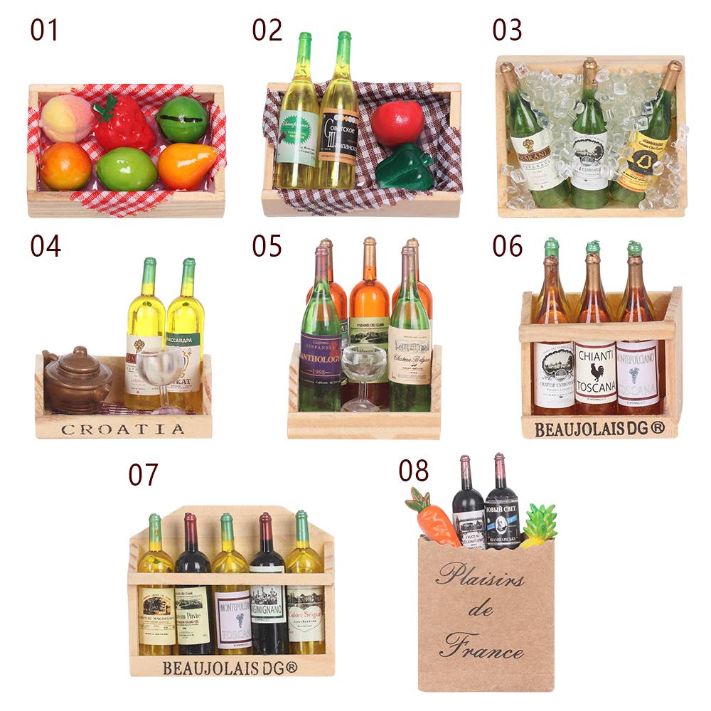 1set Miniature Dollhouse Accessories Simulation Drinks Fruilt Mini Food Toys Mini Wine Bottles Model Set with Box Kitchen Decor