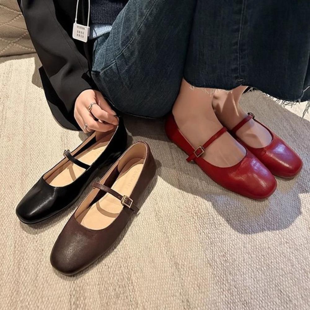 New Retro Style Square Toe Women's Mary Jane Shoes Elegant Shallow Dress Flats Leather Footwear for Ladies