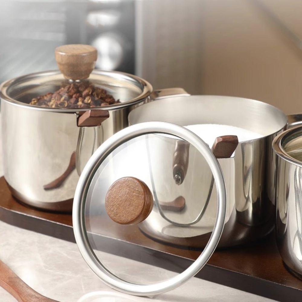 Dust-proof Stainless Steel Seasoning Jar Set Moisture-proof With Spoon Tray Spice Organizer Odor-proof Visual Lid