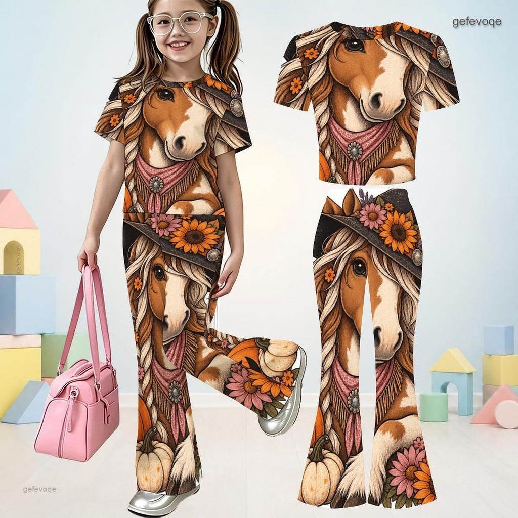 Girls Owl Book Printed Round Neck Short Sleeve Top Flared Pants Two Piece Set