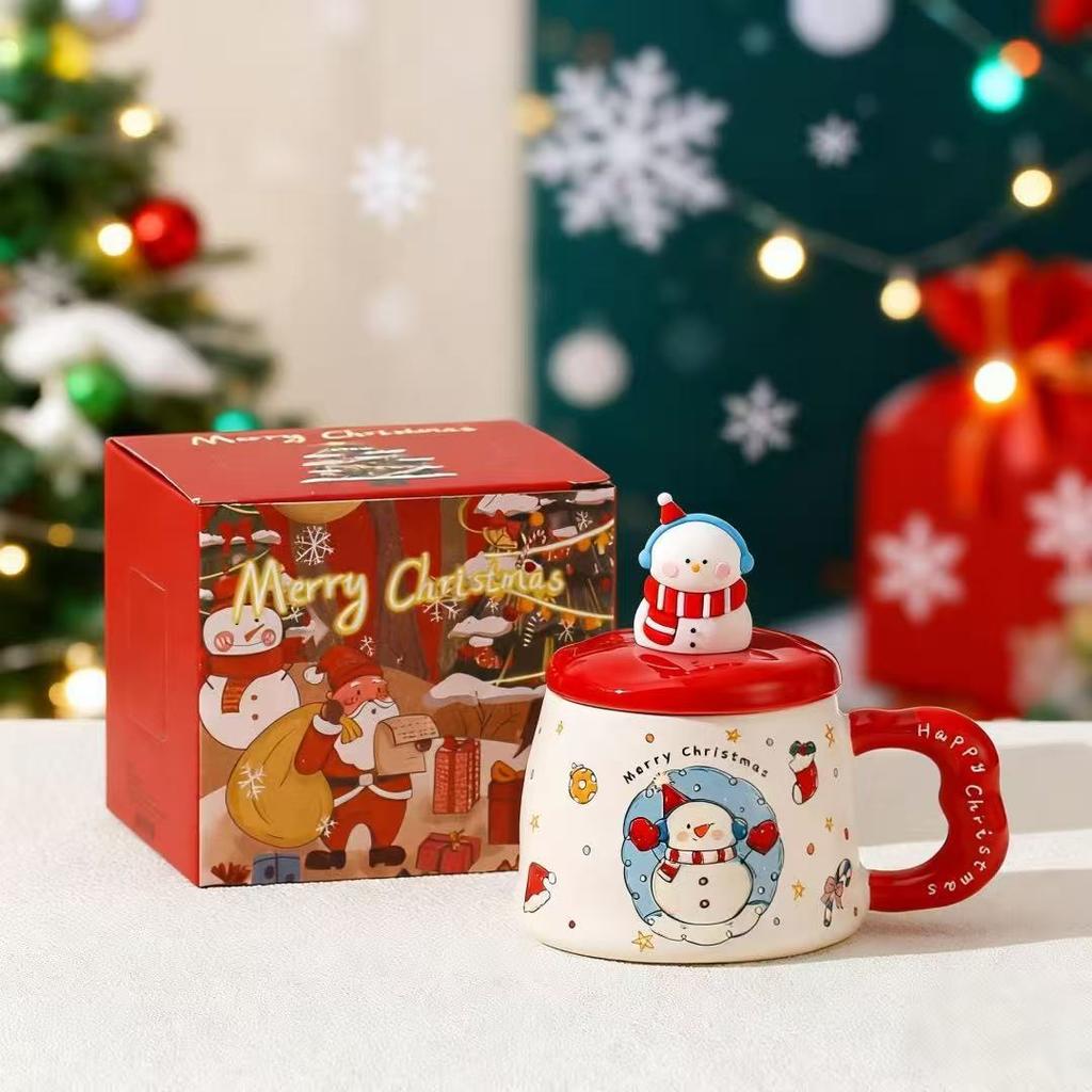 New Christmas Ceramic Cup with Lid Gift Box Cartoon Mug Cute Gingerbread Man Water Cup Set