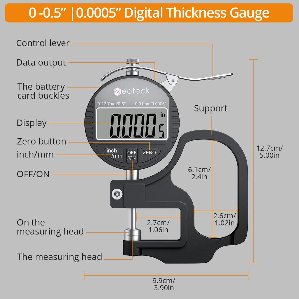 Neoteck Digital Thickness Aluminum Alloy Measurement Large LCD Thickness Gauge Gauge, Construction, 0.01mm Accuracy, 0-12.7mm Range, Display,
