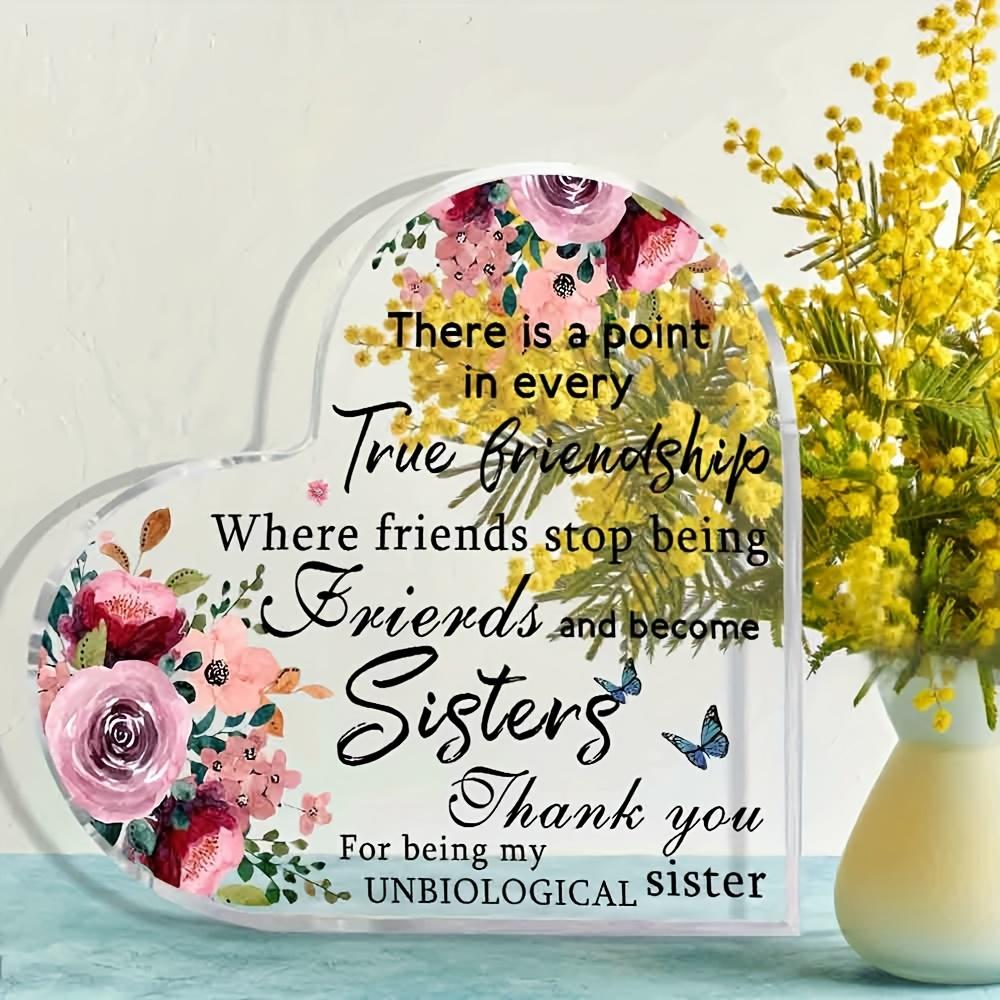 Heart-Shaped Sisterhood Keepsake - Pink & Red Roses Acrylic Plaque with "True Friendship To Sisters" Message, Unbiological Sister Gift for Birthday,