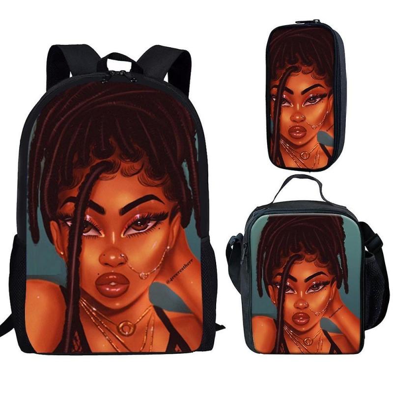 2023 African Girl Backpack 3pcs/set Students Boys Girls Schoolbag Pen Bag Lunch Bag Fashion Feminina Notebook Backpack