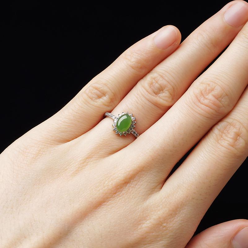 Adjustable Women's Ring with 925 Sterling Silver, Green Jasper, Zircon, and Jade Oval Design, with Certificate