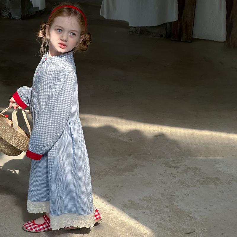 2025 Spring Korean Retro Plaid Knee-Length Dress with Buttons for Girls