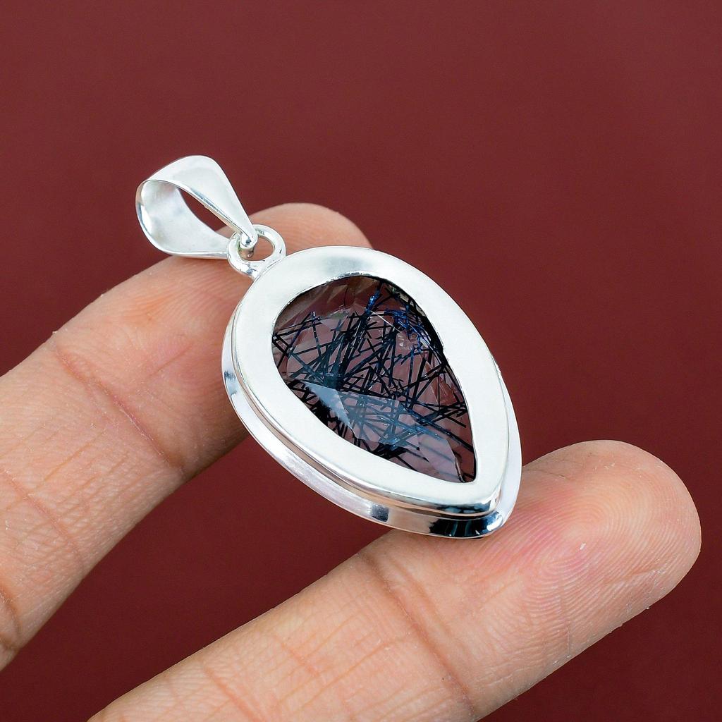 Faceted Black Rutile Pendant Natural Gemstone Pendant Amazing Jewelry 925 Sterling Silver Pendant Handmade Birthstone Pendant Gifts for Wife