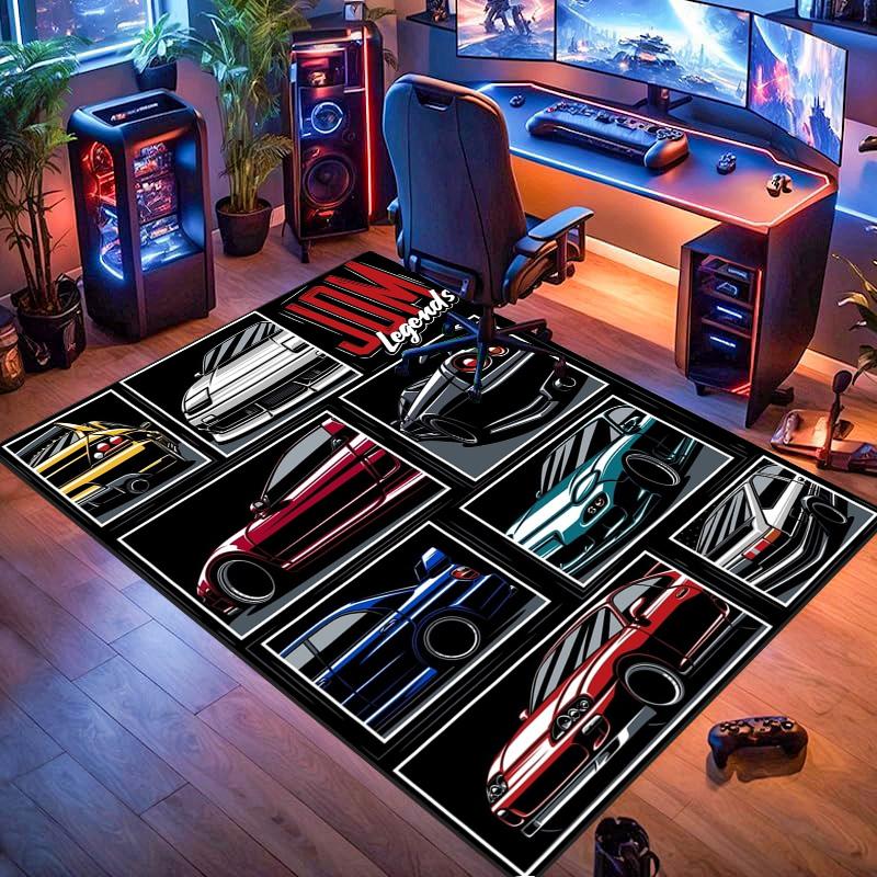 JDM Legends Sport Car Comic Collage Print Area Rug Non‑Slip Rectangular Floor Mat Car Enthusiast Decor Rug for Gaming Room Living Bedroom