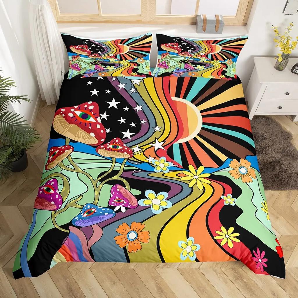 Rainbow Duvet Cover Set, Colorful Abstract Geometric Pattern with Shapes Rainbow, Decorative Bedding Set