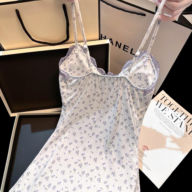 2025 Pure Desire Floral Women's Sexy Spaghetti Strap Lace Nightgown with Chest Pad and Short Slit