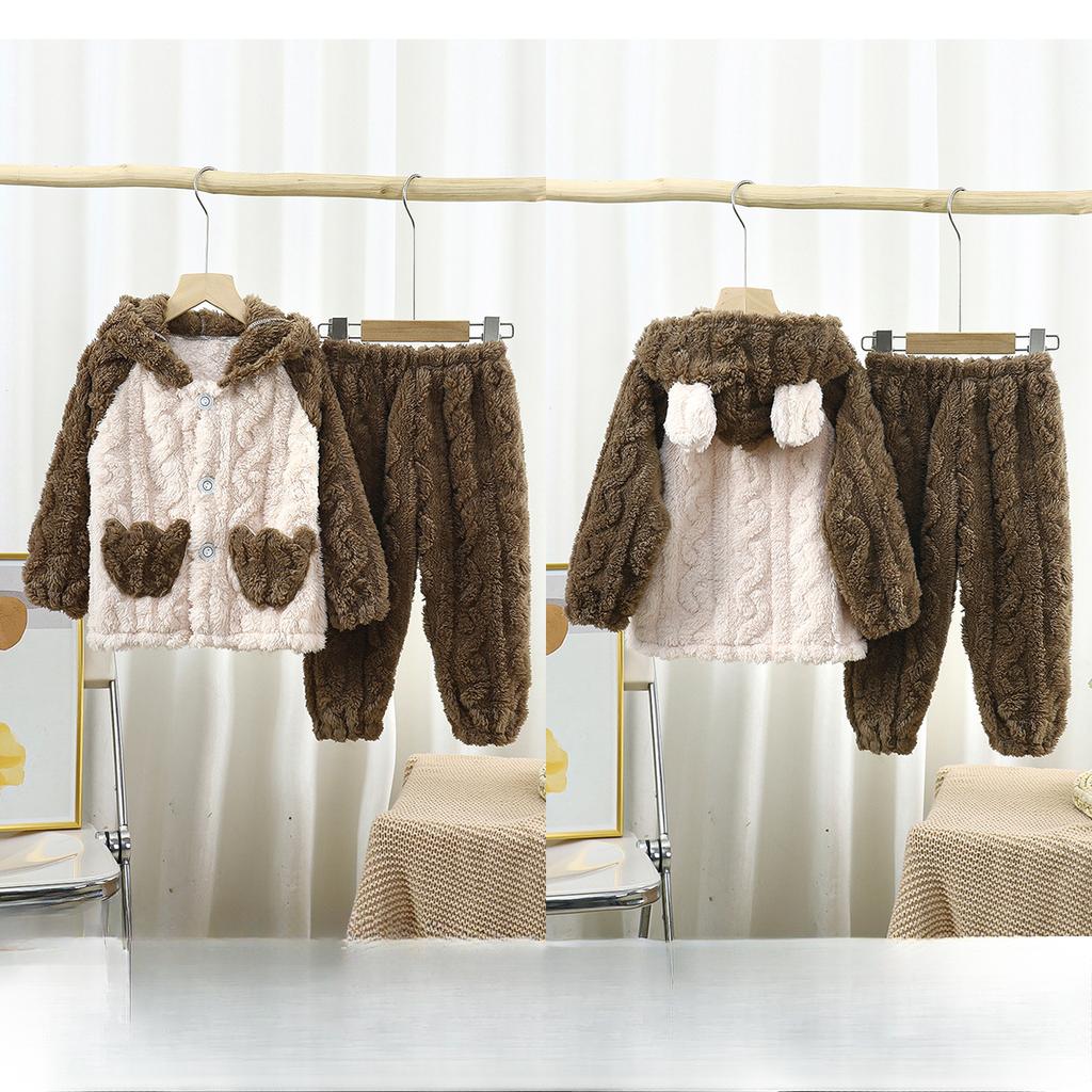 Flanell Kinderpyjama Herbst und Winter Verdickt Jacquard Kapuzen Langarm Hose Große Kinder Cartoon Hausanzug mit Taschen