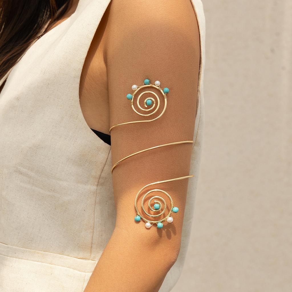 African Tribal Style Gravel Arm Chain Arm Ring Beaded Spiral Line Bracelet Jewelry Retro Open Arm Bracelet