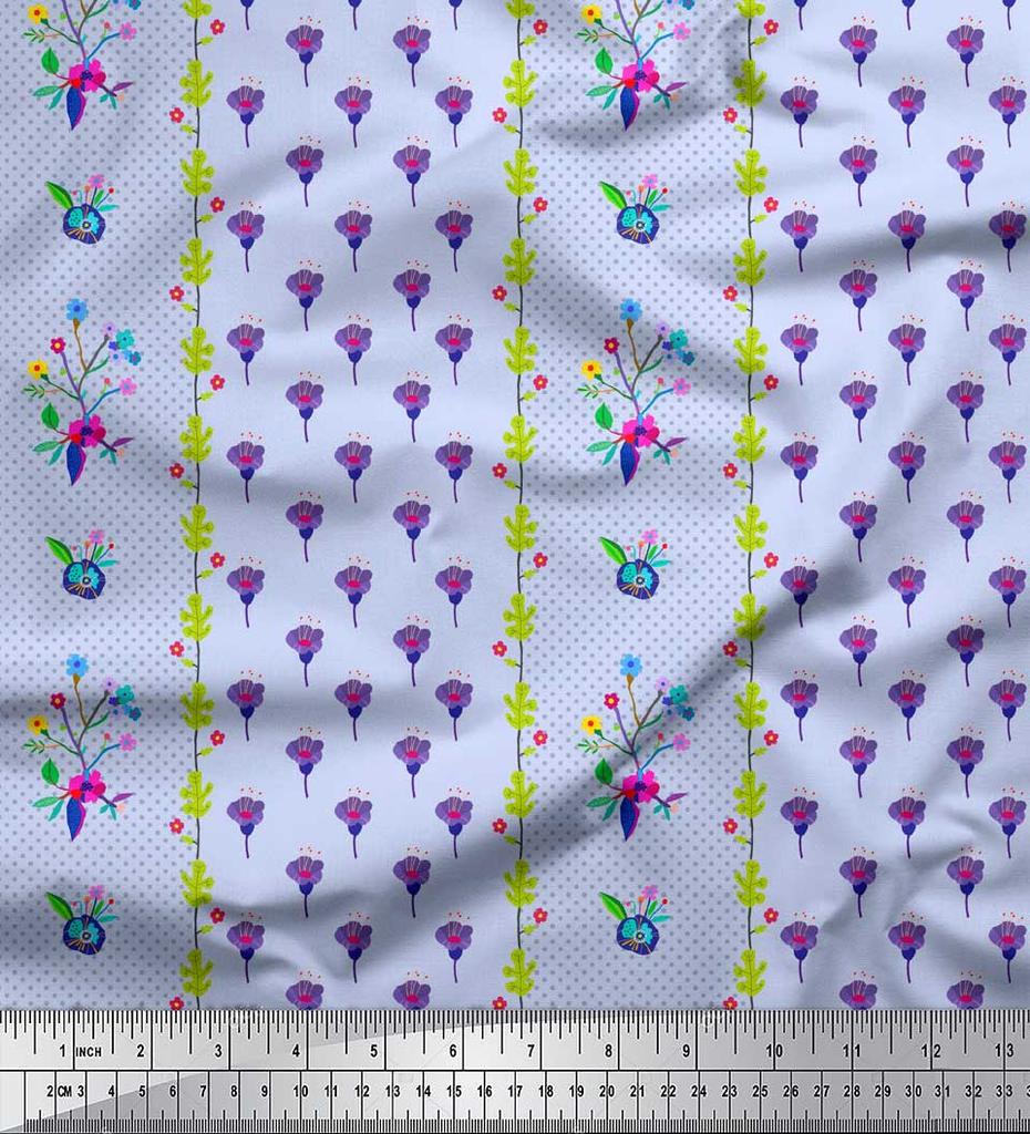 Soimoi Gray Japan Crepe Satin Fabric Stripe & Freesia Floral Print Fabric by Metre 42 Inch